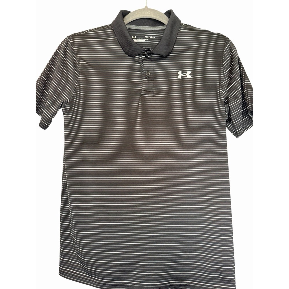 Under Armour Youth Size Large Black White Striped Golf Polo Loose Fit